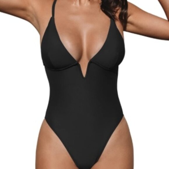 Cupshe Swimsuit 1-piece deep V neck crisscross back ad strap Black Med - Picture 2 of 12